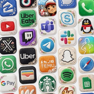 May include: Embroidered app icons, such as Uber Eats, YouTube, and Snapchat, with floral detailing. The square-shaped icons have white borders and feature a variety of colours and designs, representing popular social media and service applications.