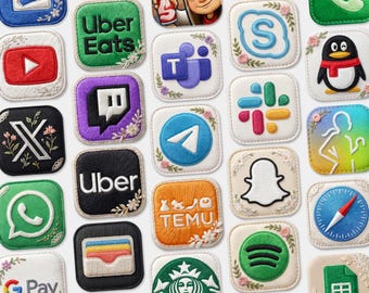 May include: A collection of embroidered app icons, including Uber Eats, YouTube, and Snapchat, with floral accents. The icons are square-shaped with a white border and feature various colors and designs, showcasing popular social media and service apps.