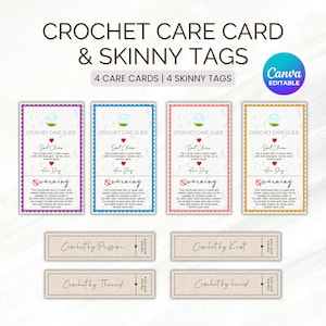 Plantilla de Canva para tarjeta de cuidado de crochet imprimible, tarjeta de instrucciones de lavado imprimible y editable, etiqueta delgada de seguridad y precaución