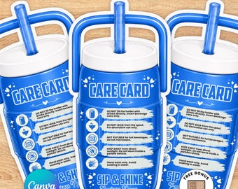 May include: Three blue cooler jug can holder care cards featuring white text and icons. The cards display instructions including do not fill directly, do not drink from the spout, not suitable for hot beverages, keep away from sunlight, and hand wash only.