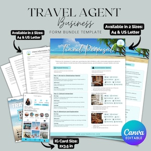 Paquete de formularios para agentes de viajes, plantilla de propuesta para agentes de viajes, formularios de admisión de clientes para agentes de viajes, plantilla Canva para formularios comerciales de viajes