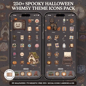 Puede incluir: Dos teléfonos inteligentes muestran una interfaz digital con un fondo gris oscuro y numerosos iconos y widgets con temática de Halloween, incluyendo un televisor de calabaza, un gato negro, una casa y una máquina de escribir, etiquetados 250+ Spooky Halloween Whimsy Theme Icons Pack.