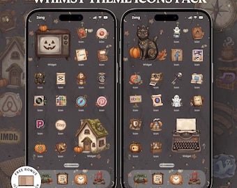 May include: Two smartphones displaying a digital interface with a dark gray background and numerous Halloween-themed icons and widgets, including a jack-o'-lantern television, a black cat, a house, and a typewriter, labeled 250+ Spooky Halloween Whimsy Theme Icons Pack.