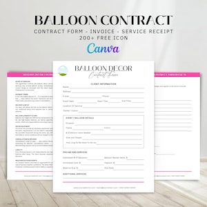 May include: A printable contract form for balloon decor services. The form includes sections for client information, event details, pricing and services, and additional services. The form is designed to be used by balloon decorators to outline the scope of services, payment terms, and other important details.