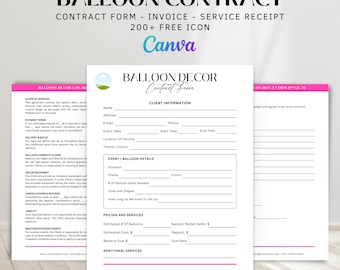 May include: A printable contract form for balloon decor services. The form includes sections for client information, event details, pricing and services, and additional services. The form is designed to be used by balloon decorators to outline the scope of services, payment terms, and other important details.
