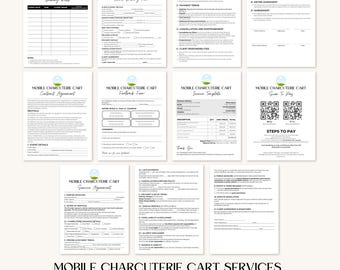 May include: A set of printable documents for a mobile charcuterie cart business. The documents include a booking form, a contract agreement, a feedback form, an invoice template, a service agreement, and a scan to pay QR code. The documents are designed in a modern, minimalist style with a green and white color scheme.