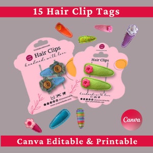 Op de afbeelding: Een set van 15 printbare haarspeld-etiketten met een roze achtergrond met de tekst "Hair Clips" en "handmade with love". De etiketten zijn ontworpen voor gebruik met haarspelden en hebben een verscheidenheid aan kleurrijke ontwerpen, waaronder bloemen, knopen en strepen.