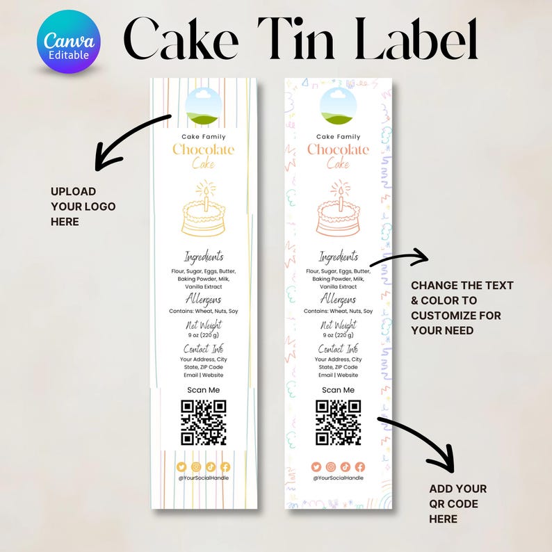 Mini Cake Tin Label, Editable Bakery Label, DIY Bakery Label, Small ...