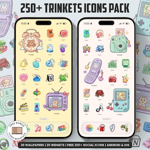 Op de afbeelding: Een digitaal pakket getiteld 250+ TRINKETS ICONS PACK met twee smartphoneschermen die kleurrijke app-iconen en widgets in cartoonstijl weergeven. De iconen bevatten diverse objecten zoals camera's, spelcomputers en dieren op een lichtgele en witte achtergrond.