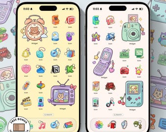 May include: A digital pack titled 250+ TRINKETS ICONS PACK featuring two smartphone screens displaying colorful, cartoon-style app icons and widgets. The icons include various objects like cameras, game consoles, and animals, with a light yellow and white background.