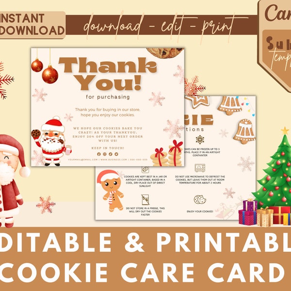 Christmas Cookies Care Card, Christmas Biscuits, Xmas Biscuits, Santa Cookies, Cookie Care Card, Cookie Care Guide, Cookie Care Template