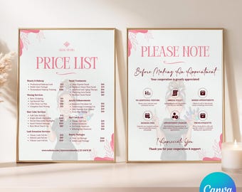 May include: Two framed posters with gold borders. The left poster is a price list for beauty services, including makeup, waxing, hair, and lash services. The right poster has the text "Please Note" and appointment information.
