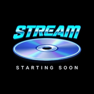 May include: A digital graphic on a black background featuring the word STREAM in a bold, metallic cyan font above a circular, iridescent blue compact disc. Below the disc, the text STARTING SOON is displayed in a clean, white sans-serif font.