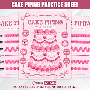 May include: A pink cake piping practice sheet featuring illustrations of various frosting techniques on a tiered cake. The document includes labels for piping tips like large open star, round, petal, shell, and closed star, with text reading CAKE PIPING PRACTICE SHEET.