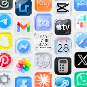 May include: A collection of 250 liquid glass iOS and Android icons featuring various app logos with a glossy, three-dimensional appearance. The central square icon displays the text 250 LIQUID GLASS IOS & ANDROID ICONS in black lettering.