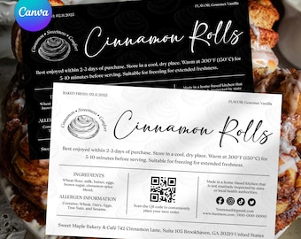 May include: Two rectangular product labels for Cinnamon Rolls, one black and one white, featuring the text Cinnamon Rolls, Gourmet Vanilla flavor, ingredients, allergen information, a QR code, and contact details for Sweet Maple Bakery & Café.