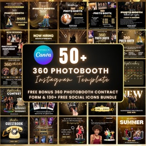 Puede incluir: Una colección de más de 50 plantillas de Instagram para un negocio de cabina de fotos 360. Las plantillas presentan un esquema de color negro y dorado con imágenes de personas que usan la cabina de fotos. El texto en las plantillas incluye "360 Photobooth", "Plantilla de Instagram", "Bono gratuito: contrato de cabina de fotos 360, formulario y más de 130 iconos sociales gratuitos", y "Nuevo".
