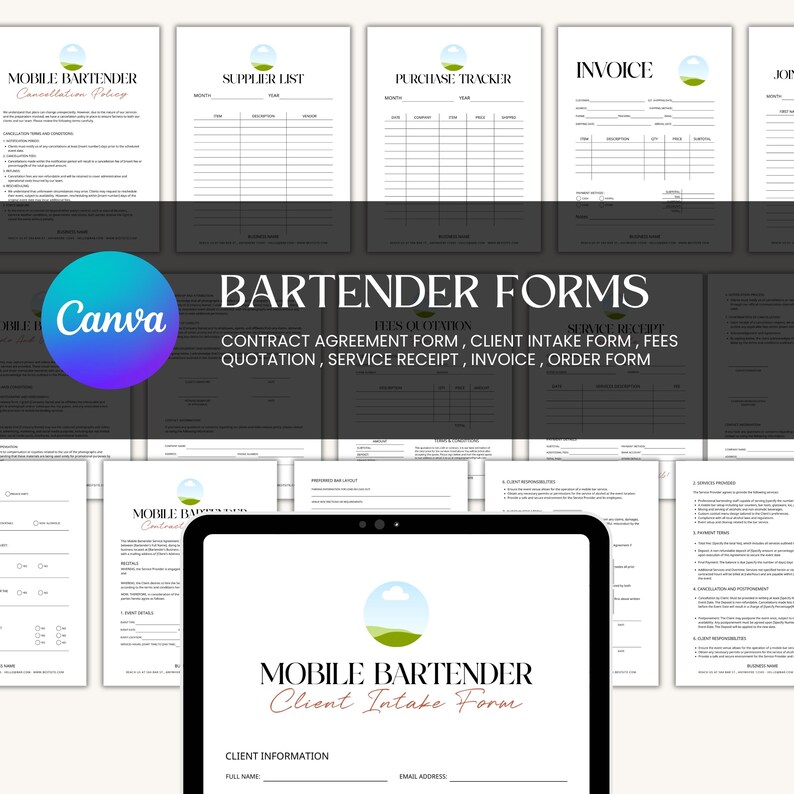 Mobile Bar Forms Bundle, Editable Mobile Bar Contract / Agreement ...