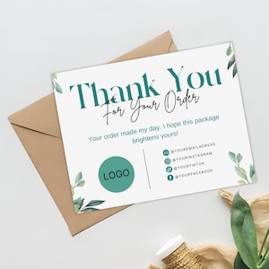 May include: Thank You For Your Order card with a green logo and a green leafy design. The card includes social media handles for email, Instagram, TikTok, and Facebook.