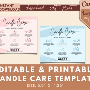 Plantilla editable de tarjeta de cuidado de velas, instrucciones imprimibles para el cuidado de velas, tarjeta de seguridad de velas, negocio de velas, tarjeta de inserción de paquete
