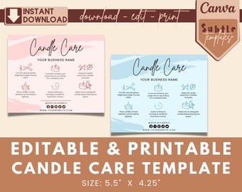 Editable Candle Care Card Template: Small Business Package Insert (5.5” x 4.25”) (Digital Download)