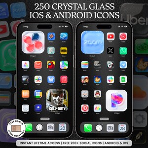 250 transparente App-Icons aus Kristallglas für iPhone und Android (iOS & Android) – 3D-Glasmorphismus, minimalistisches Icon-Paket, mattierte Glas-Icons
