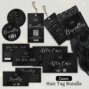 Pacchetto di modelli modificabili per etichette per capelli, modello fai da te per etichette per pacchi di capelli, biglietto di ringraziamento per capelli, etichetta appesa, post-trattamento, carta fedeltà, modello Canva