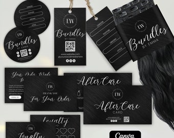 Editable Hair Tag Template Bundle, DIY Hair Bundle Tag Template, Hair thank you card, Hang Tag, Aftercare, Loyalty Card, Canva Template