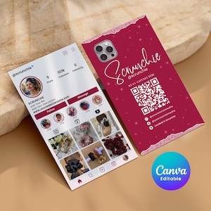 Puede incluir: Una maqueta digital de una funda de teléfono y un perfil de redes sociales. La funda del teléfono es de color burdeos con la palabra "Scrunchie" en una fuente de escritura. El perfil de redes sociales muestra productos scrunchie.