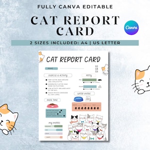 Tarjeta de informe de gatos, tarjeta de informe de perros, tarjeta de informe de mascotas, plantilla editable, plantilla de canva, formularios de cuidado de mascotas, tarjeta de informe de cuidado de gatos, editable