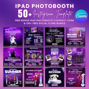May include: A collection of 12 Instagram post templates for an iPad photo booth business. The templates feature a purple background with white text and images. The text includes phrases like "iPad Photo Booth Experience", "Wedding Photo Booth Rentals", "Grad Party", "Summer Sale", and "Let It Snow, Let It Glow!" The images include a couple dancing, a bride and groom, a graduation cap, a beach scene, and a winter scene.