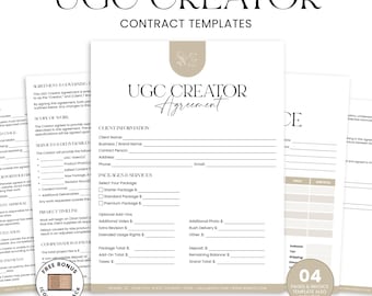 May include: A set of UGC Creator contract templates featuring black text on white paper with beige accents. The documents include sections for client information, packages, services, and project timelines. The text reads UGC CREATOR AGREEMENT.