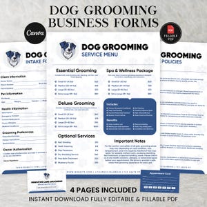 Puede incluir: Un conjunto de formularios comerciales para peluquería canina que incluye una ficha de admisión, un menú de servicios y un documento de políticas. Los documentos presentan un diseño azul y blanco con una ilustración de perro.