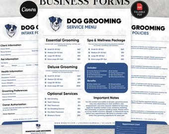 May include: A set of dog grooming business forms including an intake form, service menu, and policy document. The documents feature a blue and white color scheme with a dog illustration, paw print patterns, and text detailing pet services.