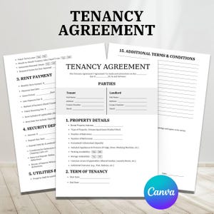 May include: A black and white printable tenancy agreement form with sections for rent payment, security deposit, utilities, and additional terms and conditions. The form includes spaces for the tenant and landlord to fill in their information.
