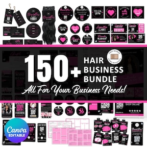 Peut inclure: Ensemble de matériel de marque pour entreprise de coiffure en noir et rose. Comprend des étiquettes, des autocollants, des cartes de visite et des modèles. Le texte dit "150+ Hair Business Bundle, All For Your Business Needs!" et "Canva Editable".