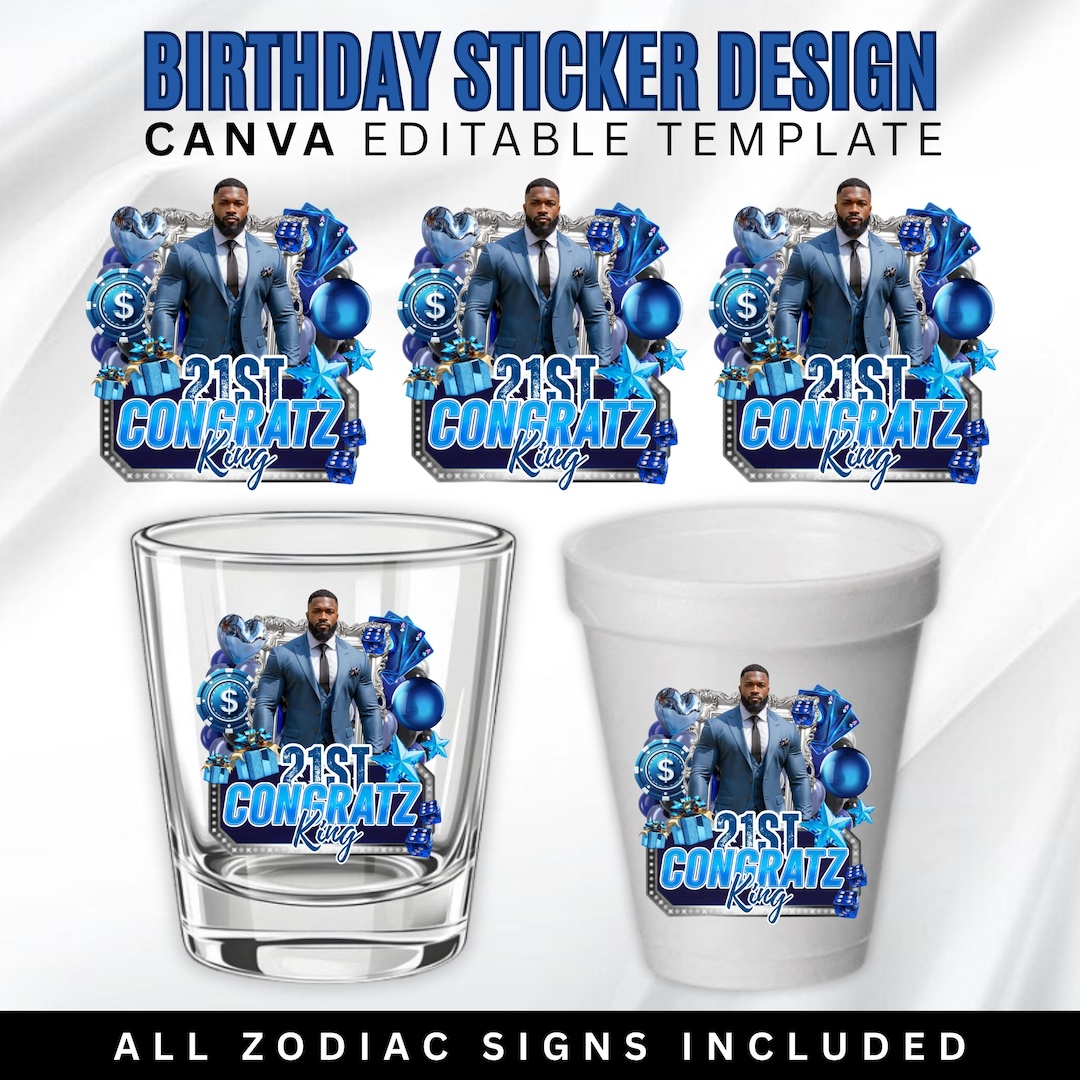 Blue 21st Birthday Sticker Template: All Zodiac Signs (canva Editable ...