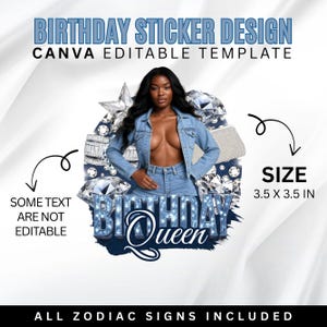 Puede incluir: Dise&ntilde;o digital de pegatina de cumplea&ntilde;os con una mujer en denim, rodeada de diamantes y el texto "Birthday Queen". El dise&ntilde;o mide 8,89 x 8,89 cm e incluye el texto "Birthday Sticker Design" y "Canva Editable Template".
