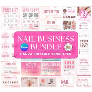 May include: A digital marketing bundle for a nail business featuring editable Canva templates in shades of pink and white. The collection includes price lists, QR code payment signs, gift vouchers, social media posts, sizing guides, and aftercare cards.