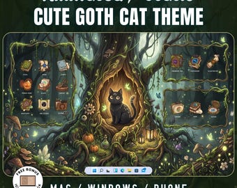 May include: A digital desktop organizer wallpaper set featuring a black cat inside a hollow tree, surrounded by forest elements like mushrooms, pumpkins, and lanterns. The text reads Animated / Static CUTE GOTH CAT THEME, MAC / WINDOWS / PHONE, and DESKTOP ORGANIZER WALLPAPER SET | FREE 200+ SOCIAL ICONS.