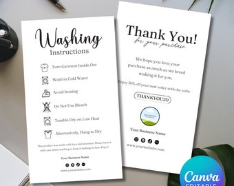 May include: Two white cards with black text. The left card has a list of washing instructions with icons. The right card says "Thank You! for your purchase" and includes a discount code. Both cards have a place for a business name and website.