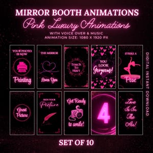 Puede incluir: Conjunto de 10 gráficos animados de cabina de espejo rosa y negro con texto como "¡Te ves hermosa!" y "¡El amor está en el aire!"  Tamaño de la animación: 1080 x 1920 píxeles.