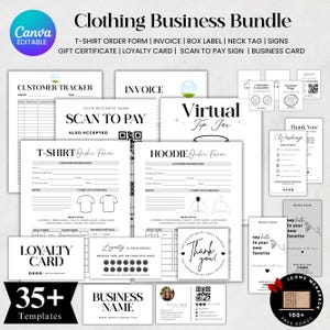 Editable Clothing Business Bundle, Neck Tag Template, Tshirt Order Form, Washing Instructions, Scan to Pay Sign, Invoice, Canva Template
