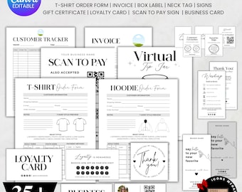 Paquete editable para negocios de ropa, plantilla de etiqueta para cuello, formulario de pedido de camisetas, instrucciones de lavado, letrero de pago escaneado, factura, plantilla de Canva