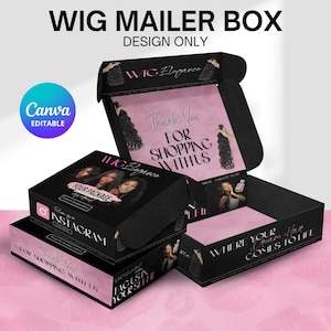 Könnte beinhalten: Schwarze Perücken-Versandkartons mit rosa und weißen Akzenten. Die Kartons zeigen den Text "WIG MAILER BOX" und "Thank You For Shopping With Us". Die Kartons enthalten auch den Text "WHERE YOUR DREAM HAIR COMES TO LIFE".