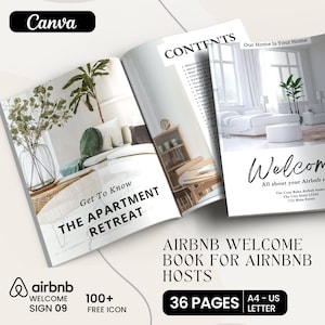May include: An open book titled "The Apartment Retreat" with the Airbnb logo and text "Welcome Sign 09." The book's cover features a bedroom scene. The book is for Airbnb hosts and has 36 pages, with the text "A4-US Letter."