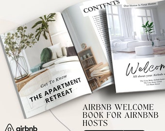 May include: An open book titled "The Apartment Retreat" with the Airbnb logo and text "Welcome Sign 09." The book's cover features a bedroom scene. The book is for Airbnb hosts and has 36 pages, with the text "A4-US Letter."