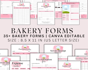 May include: A collection of 35+ printable bakery forms in pink and white, designed for use with Canva. The forms include order forms, purchase trackers, service receipts, expense trackers, fees quotations, supplier lists, inventory sheets, and recipe breakdowns. The forms are 8.5 x 11 inches (US Letter size).