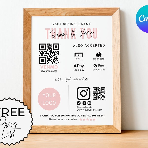 Scan to Pay Sign, QR Code Sign, Payment Sign, Scan to Pay, Custom Business Sign, Salon Sign, Venmo Sign, Payment Method Sign, Download