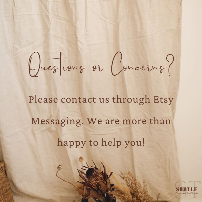 Puede incluir: Fondo beige con el texto "&iquest;Preguntas o inquietudes?" y "Por favor, cont&aacute;ctenos a trav&eacute;s de la mensajer&iacute;a de Etsy. &iexcl;Estamos m&aacute;s que felices de ayudarlo!" Flores secas decorativas en la parte inferior.
